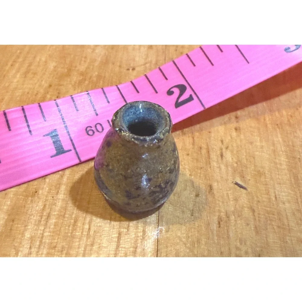 Artisan Miniature Pottery Vase Brown Blue Salt Glaze Tiny Ceramic Doll House